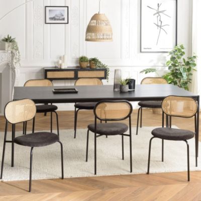 Lot de 2 chaises assise tissu noir dossier effet cannage et métal