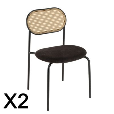 Lot de 2 chaises assise tissu noir dossier effet cannage et métal