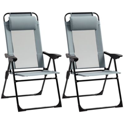 Lot de 2 chaises de jardin camping pliables - dossier inclinable 5 positions - tétière incluse - acier époxy oxford textilène gris