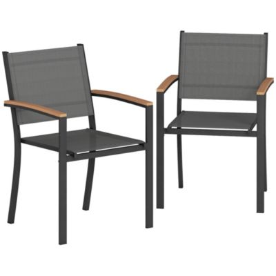 Lot de 2 chaises de jardin empilables effet bois métal textilène anthracite