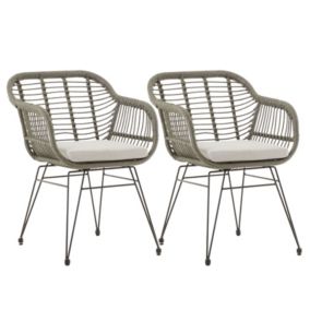 Lot de 2 chaises de jardin PARAMO, imitation rotin gris fauteuil d'extérieur pour terrasse ou balcon résistant aux UV