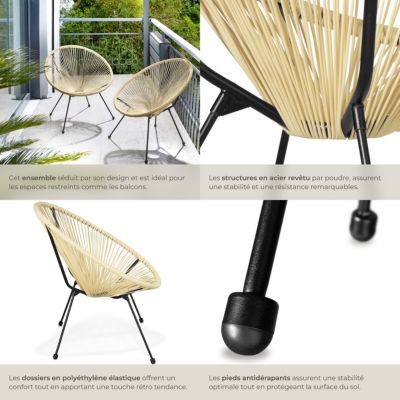 Lot de 2 chaises de jardin pliantes Design rétro dans le style acapulco beige