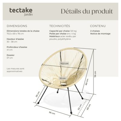 Lot de 2 chaises de jardin pliantes Design rétro dans le style acapulco beige