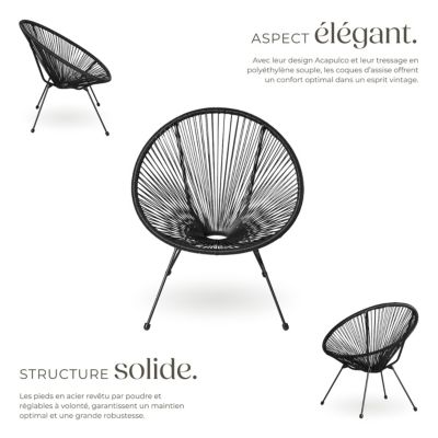 Lot de 2 chaises de jardin pliantes Design rétro dans le style acapulco noir