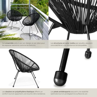 Lot de 2 chaises de jardin pliantes Design rétro dans le style acapulco noir