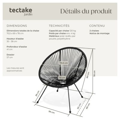 Lot de 2 chaises de jardin pliantes Design rétro dans le style acapulco noir
