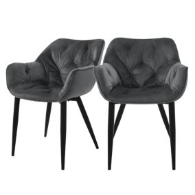 Lot de 2 chaises de salle à manger assise anthracite en velours pieds métal noir