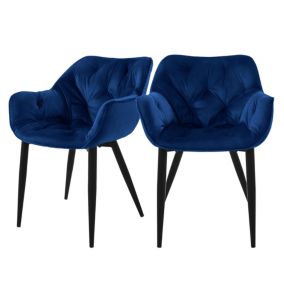 Lot de 2 chaises de salle à manger assise bleu foncé en velours pieds métal noir