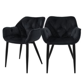 Lot de 2 chaises de salle à manger assise noir en velours pieds en métal noir