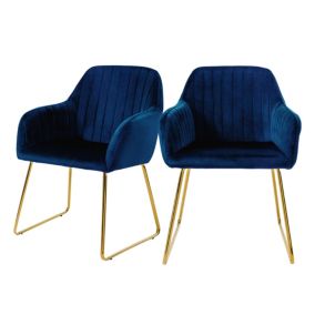 Lot de 2 chaises de salle à manger bleu assise en velours pieds dorés en métal