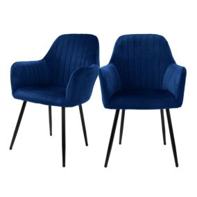 Lot de 2 chaises de salle à manger rembourrée, asisse en velours, bleu, en métal