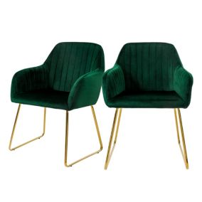 Lot de 2 chaises de salle à manger vert assise en velours pieds dorés en métal