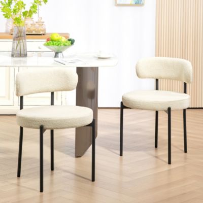 Lot de 2 chaises de salon style néo-rétro - assise ronde, dossier enveloppant - acier noir effet laine bouclée