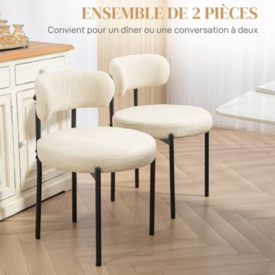 Lot de 2 chaises de salon style néo-rétro - assise ronde, dossier enveloppant - acier noir effet laine bouclée