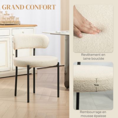 Lot de 2 chaises de salon style néo-rétro - assise ronde, dossier enveloppant - acier noir effet laine bouclée