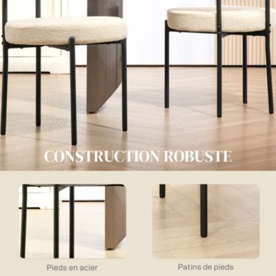 Lot de 2 chaises de salon style néo-rétro - assise ronde, dossier enveloppant - acier noir effet laine bouclée
