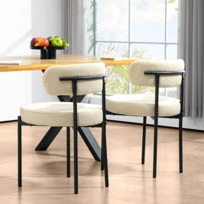 Lot de 2 chaises de salon style néo-rétro - assise ronde, dossier enveloppant - acier noir effet laine bouclée