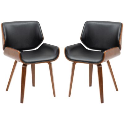 Lot de 2 chaises design vintage piètement châssis bois peuplier aspect noyer revêtement mixte synthétique tissu noir