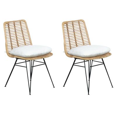 Lot de 2 chaises en rotin naturel avec coussins et pieds métal - KANDY