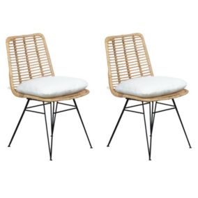 Lot de 2 chaises en rotin naturel avec coussins et pieds métal - KANDY