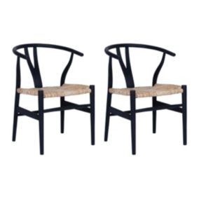 Lot de 2 chaises en teck et paille - Noir et Naturel - POGIANA