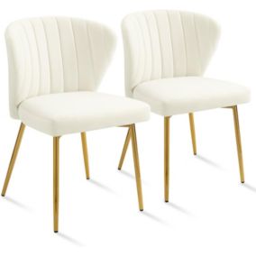 Lot de 2 Chaises en Velours Blanc - Pieds en Métal Doré - Moderne Design - Meubles Salle à Manger Cuisine Salon