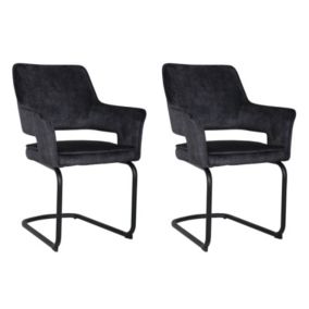 Lot de 2 chaises en velours gris anthracite pied luge métal noir - RIO