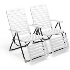 Lot de 2 Chaises Longue Pliante Réglables à 7 Positions Charge 120KG avec Dossier et Repose Pieds Blanc