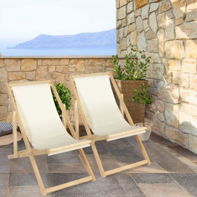 Lot de 2 chaises longues pliantes chilienne bois toile écrue
