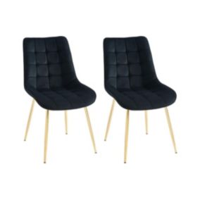 Lot de 2 chaises matelassées en velours et métal doré - Noir - OLLUA