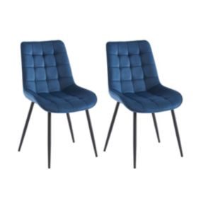 Lot de 2 chaises matelassées - Velours et métal noir - Bleu nuit - OLLUA