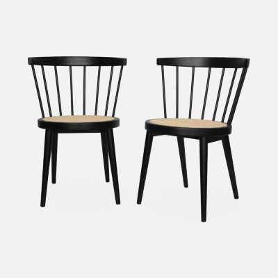 Lot de 2 chaises noires en bois et cannage. Nora. L 54 x P 54 x H 76.5cm