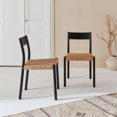 Lot de 2 chaises noires en bois et cordage. Ella. L 49.5 x P 53 x H 82cm