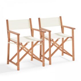 Lot de 2 chaises pliantes en bois d'eucalyptus et textilène blanc  Oviala