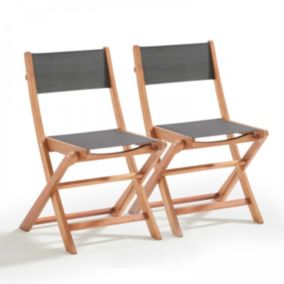 Lot de 2 chaises pliantes en bois d'eucalyptus et textilène noir  Oviala