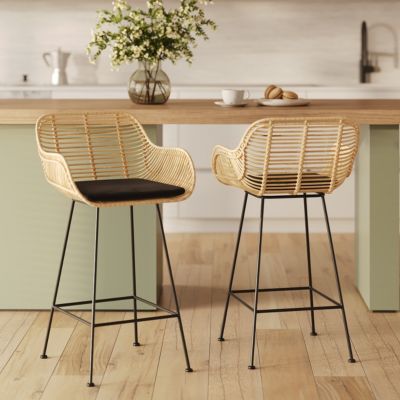 Lot de 2 chaises pour îlot central 66 cm en rotin et tissu noir - Pops