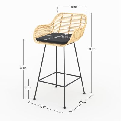 Lot de 2 chaises pour îlot central 66 cm en rotin et tissu noir - Pops