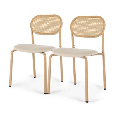 Lot de 2 chaises salle à manger rotin synthétique, sans accoudoirs, dossier rotin, assise capitonnée, pied métal, cuisine salon