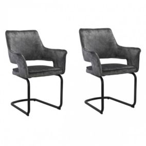 Lot de 2 chaises tissu gris foncé et piétement en métal noir - RIO