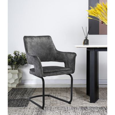 Lot de 2 chaises tissu gris foncé et piétement en métal noir - RIO