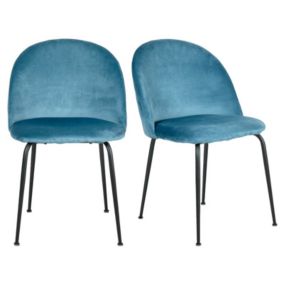 Lot de 2 chaises velours bleu capitonnée et pieds métal noir - FARA