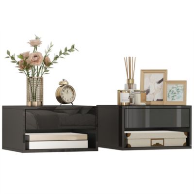 Lot de 2 chevets suspendus - tables de nuit suspendues - tiroir, niche - noir laqué