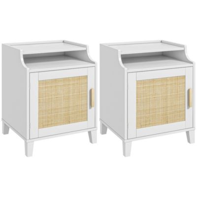 Lot de 2 chevets tables de nuit style bohème chic - total 2 portes, 2 étagères, 2 niches - cannage en rotin MDF blanc