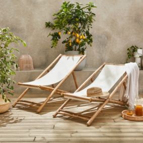 Lot de 2 chiliennes en bambou. toile naturelle polyester et coton. DAVAO L110 x P60 x H94cm