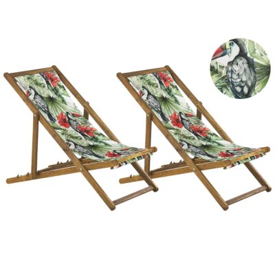 Lot de 2 chiliennes pliantes ANZIO avec tissus de remplacement Motif animal Acacia Marron clair