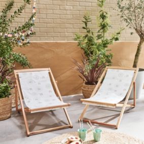 Lot de 2 chiliennes pour enfant en bois d'eucalyptus. tissu blanc avec motif soleil. salon de jardin enfant