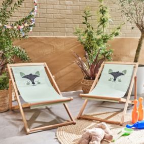 Lot de 2 chiliennes pour enfant en bois d'eucalyptus. tissu vert clair avec motif renard. salon de jardin enfant