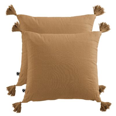 Lot de 2 coussins 40x40 double gaze de coton camel avec pompons - PEPA