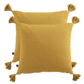 Lot de 2 coussins 40x40 double gaze de coton jaune avec pompons - PEPA