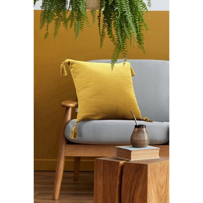 Lot de 2 coussins 40x40 double gaze de coton jaune avec pompons - PEPA